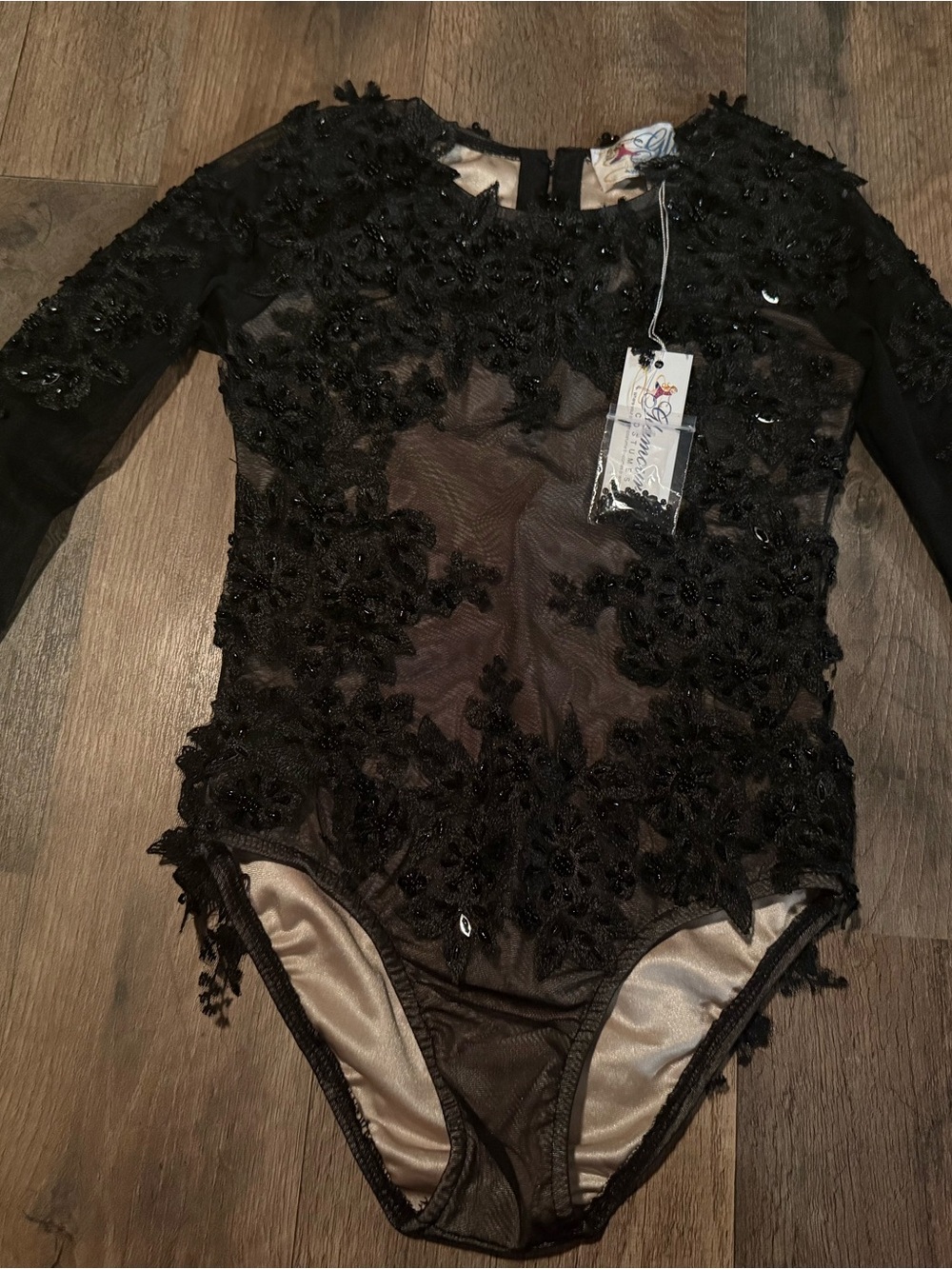 Glamour Black Beaded Floral Mesh Dance Leotard